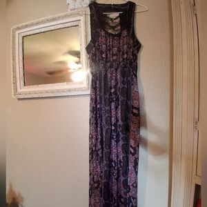 Free People Navy and Pink Paisley Lace-Back Maxi Dress